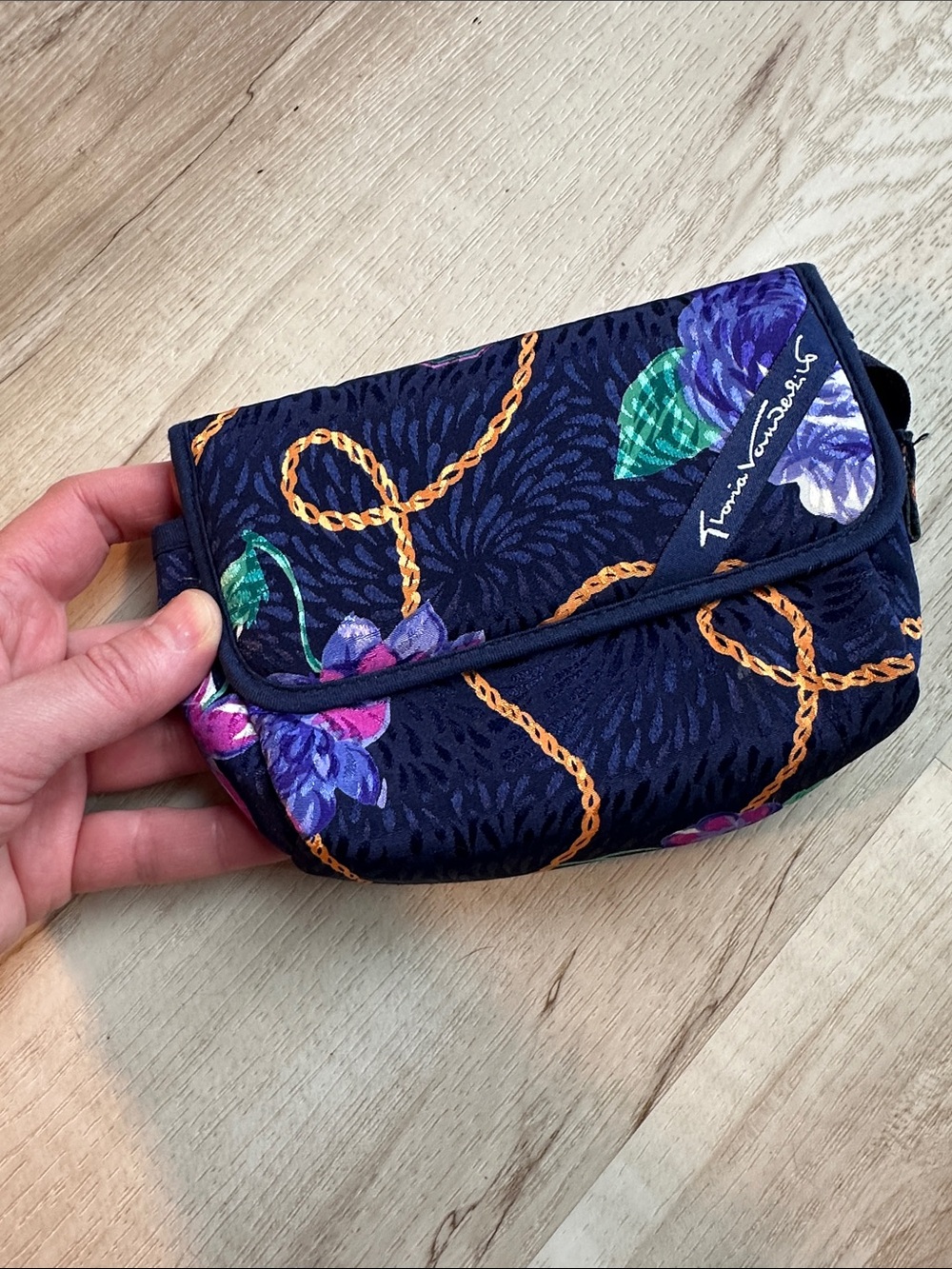 Gloria Vanderbilt Navy Floral Cosmetic Pouch with Gold Chain Print and mirror